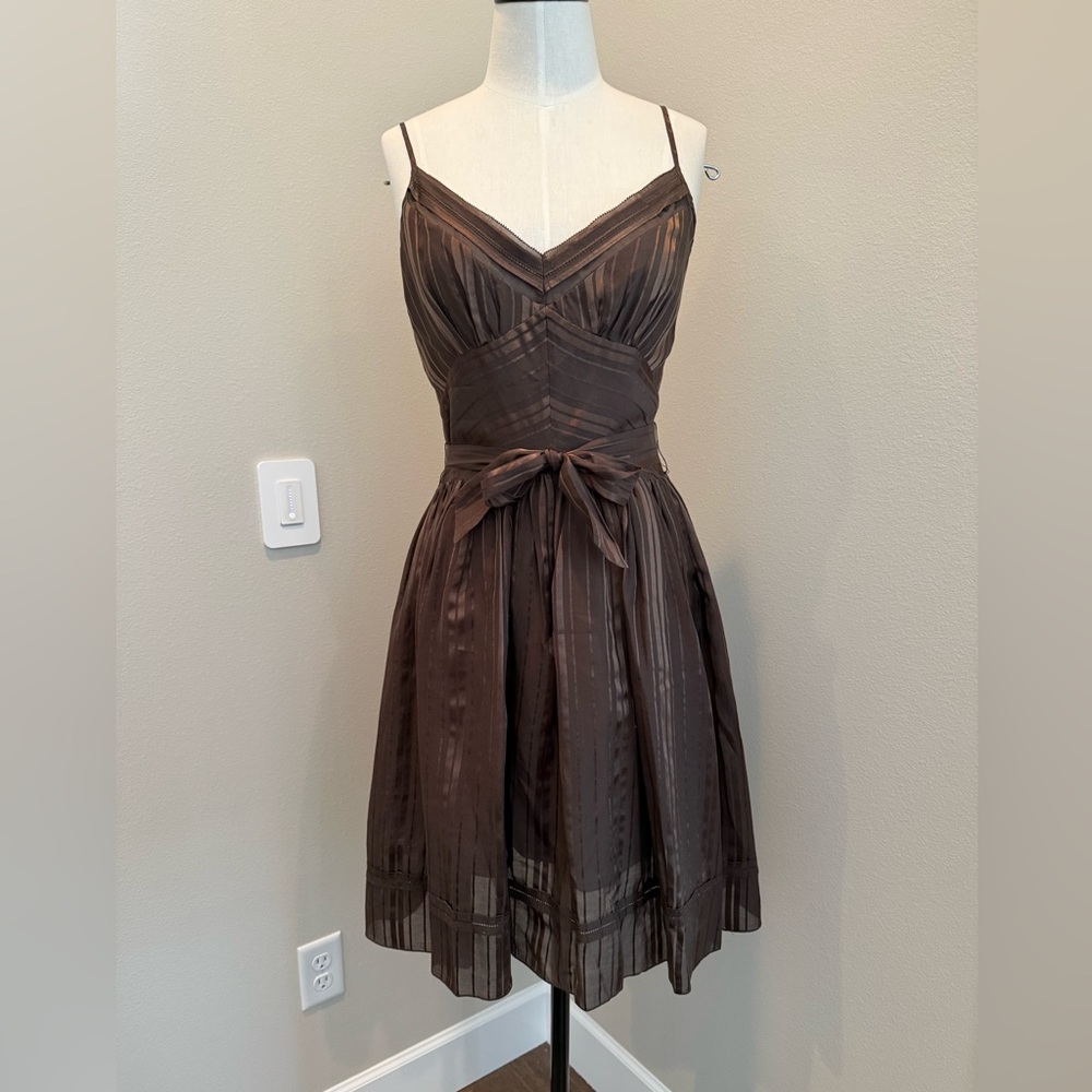 Delicate Gorgeous Spaghetti Strap Brown Party Dress with Waist Tie